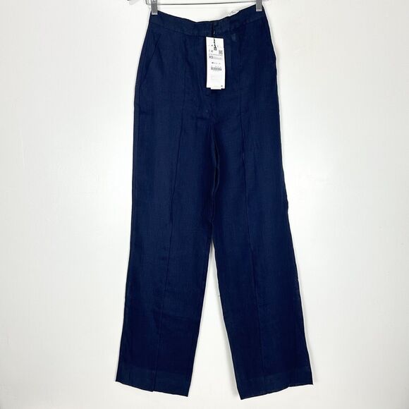 ZARA Trousers 100% LINEN NAvy Blue Masculine Wide Leg Pant XS High Waist Summer - Picture 1 of 11